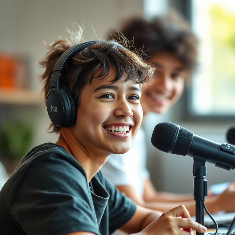 Smilende student som lytter til podcast