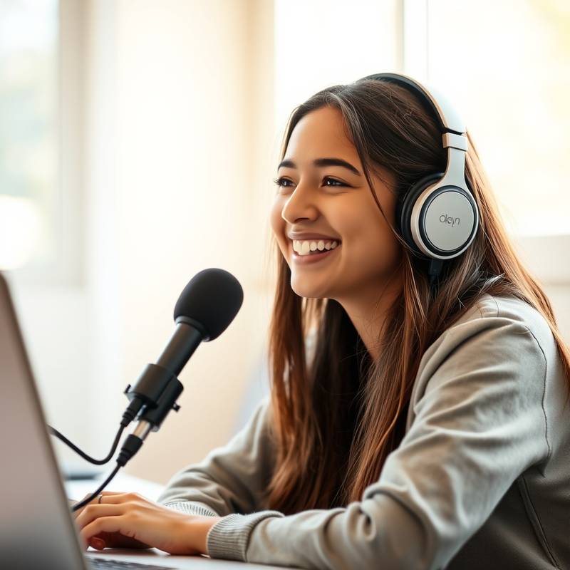 Smilende student som lytter til podcast